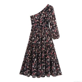 Women One Shoulder Floral Print Maxi Dress 100% Polyester Long Sleeve Layered Cake Skirt Elegant Street Style Vacation Summer Party Dress