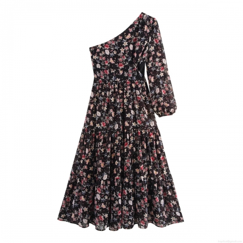 Women One Shoulder Floral Print Maxi Dress 100% Polyester Long Sleeve Layered Cake Skirt Elegant Street Style Vacation Summer Party Dress