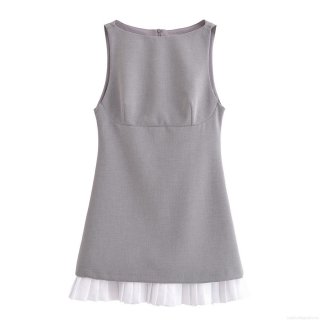 Women's Elegant Summer Sleeveless Round Neck Gray Dress With White Pleated Patchwork Hem Back Zipper A-Line Mini Dress For Commuting