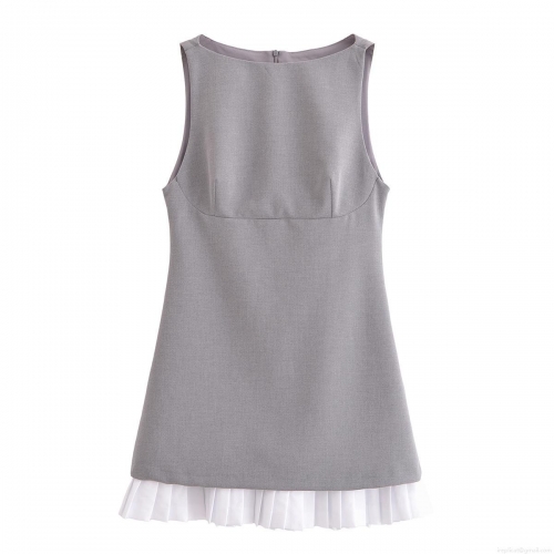 Women's Elegant Summer Sleeveless Round Neck Gray Dress With White Pleated Patchwork Hem Back Zipper A-Line Mini Dress For Commuting