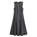 Women's Sleeveless Midi Dress Stripe Polyester Front Metal Zipper A-Line Summer Streetwear Casual Slim Fit Long Dress Dark Grey White Stripes