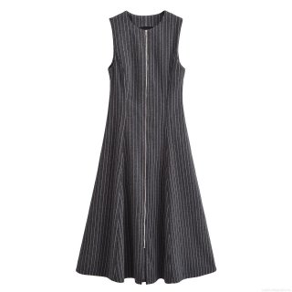 Women's Sleeveless Midi Dress Stripe Polyester Front Metal Zipper A-Line Summer Streetwear Casual Slim Fit Long Dress Dark Grey White Stripes