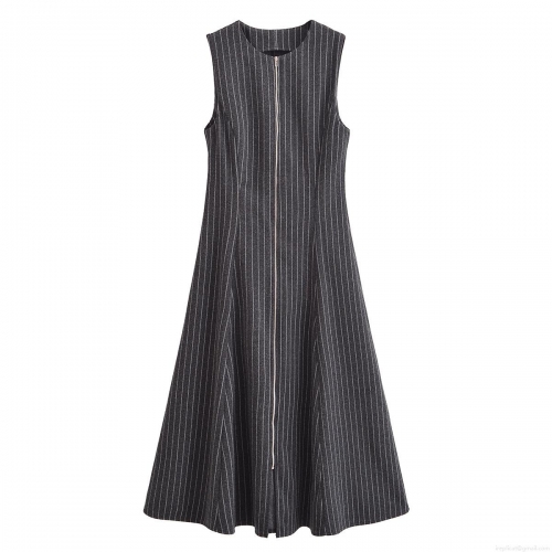 Women's Sleeveless Midi Dress Stripe Polyester Front Metal Zipper A-Line Summer Streetwear Casual Slim Fit Long Dress Dark Grey White Stripes