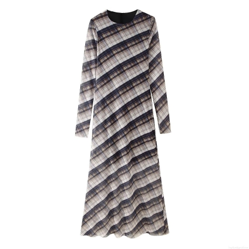 Women's Vintage Mesh Plaid Long Sleeve Maxi Dress Polyester Transparent Patchwork Slim Fit Round Neck Bodycon Long Dress Elegant Streetwear For Women Autumn Spring Style