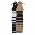 Women's Striped Knitted Midi Dress Sleeveless High Neck Bodycon Pencil Dress Rayon Nylon Blend For Summer Vacation Party Elegant Slim Fit Dress