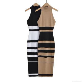 Women's Striped Knitted Midi Dress Sleeveless High Neck Bodycon Pencil Dress Rayon Nylon Blend For Summer Vacation Party Elegant Slim Fit Dress