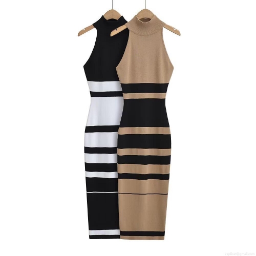 Women's Striped Knitted Midi Dress Sleeveless High Neck Bodycon Pencil Dress Rayon Nylon Blend For Summer Vacation Party Elegant Slim Fit Dress