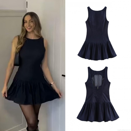 Women's Summer Sleeveless Round Neck Hollow Out Back Zipper Mini Polyester Denim Style Dress With Pleated Ruffle Hem Casual Streetwear Fashion