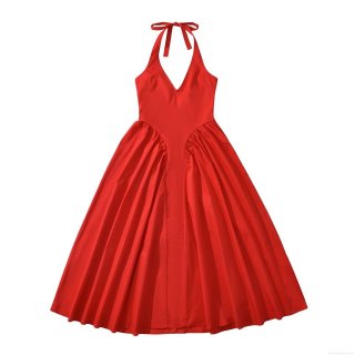 Women's Sexy Halter Neck V Neck Backless Red Midi Dress Pleated Elegant Polyester A-Line Party Dress For Summer Vacation Evening Gown Streetwear
