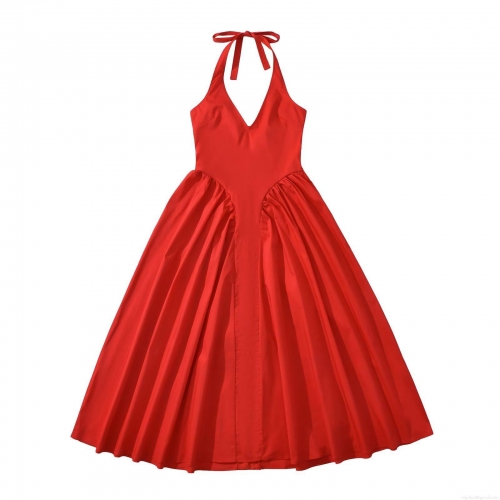 Women's Sexy Halter Neck V Neck Backless Red Midi Dress Pleated Elegant Polyester A-Line Party Dress For Summer Vacation Evening Gown Streetwear