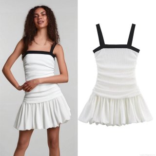 Women's Sexy Contrast Color Pleated Camisole Dress Sleeveless Straight Neck Patchwork Mini A-Line Dress Summer Streetwear Fashion Puff Hem Short Dress