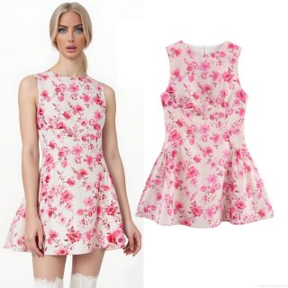 Women Summer Round Neck Sleeveless Floral Print Mini Dress Elegant A-Line Short Sundress With Back Zipper For Daily Vacation White Pink Polyester Dress