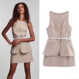 Women's Elegant Sleeveless Faux Two-Piece Mini Dress With Belt Round Neck Solid Color Polyester Summer Fashion Party Wear Streetwear A-Line Skirt