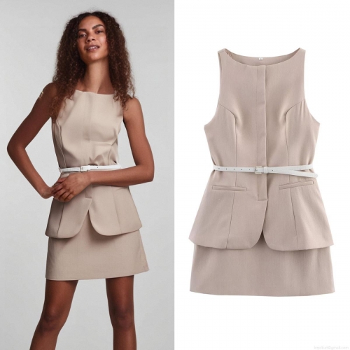 Women's Elegant Sleeveless Faux Two-Piece Mini Dress With Belt Round Neck Solid Color Polyester Summer Fashion Party Wear Streetwear A-Line Skirt