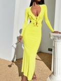 Women's Sexy Neon Yellow Ruffle V-Neck Long Sleeve Maxi Dress Backless Hollow Out Bodycon Split Evening Party Club Dress Polyester Spandex