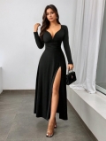 Women's Elegant Deep V Neck Long Sleeve Maxi Dress Sexy High Split Slim Fit Large Swing Evening Party Gown Black Polyester Elastane Vintage Cocktail Dress