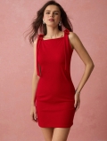 Elegant Women's Red Sleeveless A-Line Mini Dress With Bow Tie Shoulder Straps Slim Fit Party Cocktail Dress Polyester Spandex Summer Short Skirt