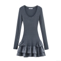 Women's Sexy U-Neck Long Sleeve Ribbed Knit Mini Dress With Tiered Ruffle Hem Solid Color Wash Effect Slim Fit A-Line Dress For Streetwear Party