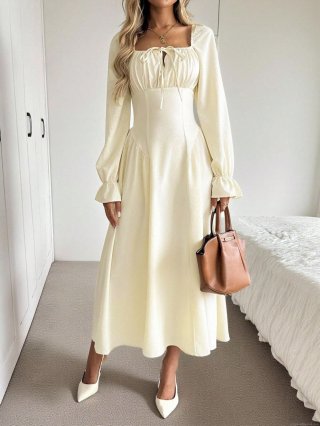 Women French Elegant Square Neck Lace-up Long Sleeve Midi Dress Pleated Waist Slim A-Line Swing Dress Solid Color 100% Polyester Party Casual Gown
