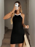 Women Sleeveless Slim Fit Knit Mini Dress Contrast Trim Round Neck Ribbed Tank Bodycon Dress For Summer Casual Party Night Out
