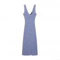 Women's Sleeveless V-Neck Knitted Midi Dress Summer Slim Fit Bodycon Mixed Blue Color Polyester Knit Sundress Streetwear Fashion Casual Lady