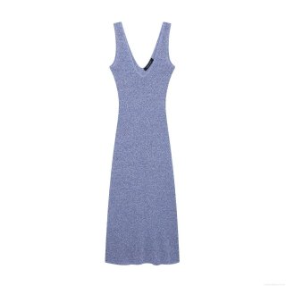 Women's Sleeveless V-Neck Knitted Midi Dress Summer Slim Fit Bodycon Mixed Blue Color Polyester Knit Sundress Streetwear Fashion Casual Lady
