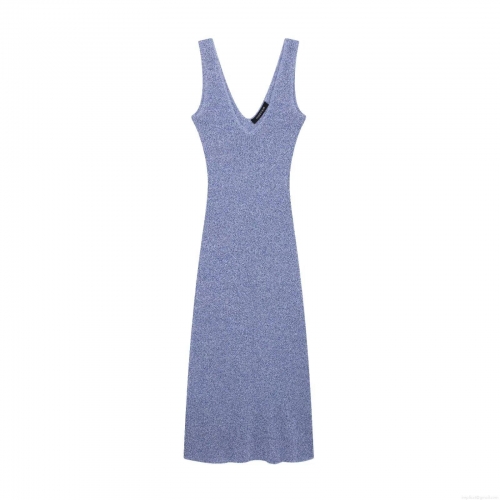 Women's Sleeveless V-Neck Knitted Midi Dress Summer Slim Fit Bodycon Mixed Blue Color Polyester Knit Sundress Streetwear Fashion Casual Lady