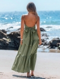 Women's Vacation Maxi Dress 100% Polyester Backless Lace-up Tiered Beach Sun Dress Bohemian Solid Color Green Long Dress for Summer Women