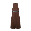 Women's Sleeveless A-Line Midi Dress 100% Polyester Single Breasted V-Neck Shirt Dress With Faux Leather Belt And Metal Buttons Dark Brown Summer Casual Dress
