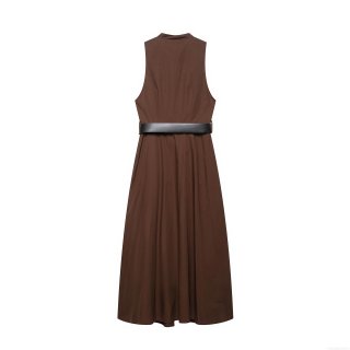 Women's Sleeveless A-Line Midi Dress 100% Polyester Single Breasted V-Neck Shirt Dress With Faux Leather Belt And Metal Buttons Dark Brown Summer Casual Dress