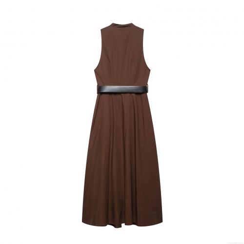 Women's Sleeveless A-Line Midi Dress 100% Polyester Single Breasted V-Neck Shirt Dress With Faux Leather Belt And Metal Buttons Dark Brown Summer Casual Dress