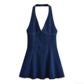 Women's Sexy Halter Denim Mini Dress Contrast Stitching Backless A-Line Jean Dress Sleeveless Summer Bodycon Short Party Clubwear Streetwear Dress