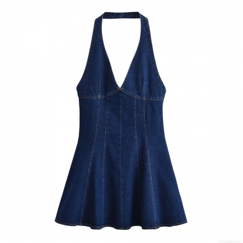 Women's Sexy Halter Denim Mini Dress Contrast Stitching Backless A-Line Jean Dress Sleeveless Summer Bodycon Short Party Clubwear Streetwear Dress