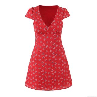 Women's Summer V-Neck Short Sleeve Floral Print Mini Dress Casual Slim Fit A-Line Dress With Waist Tie 100% Polyester Red Sundress