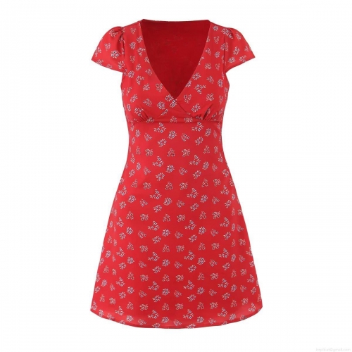 Women's Summer V-Neck Short Sleeve Floral Print Mini Dress Casual Slim Fit A-Line Dress With Waist Tie 100% Polyester Red Sundress