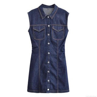 Women's Single Breasted Sleeveless Denim Dress Lapel Collar Contrast Stitching Mini Dress Summer Casual Streetwear Polyester Jean Dress for Women