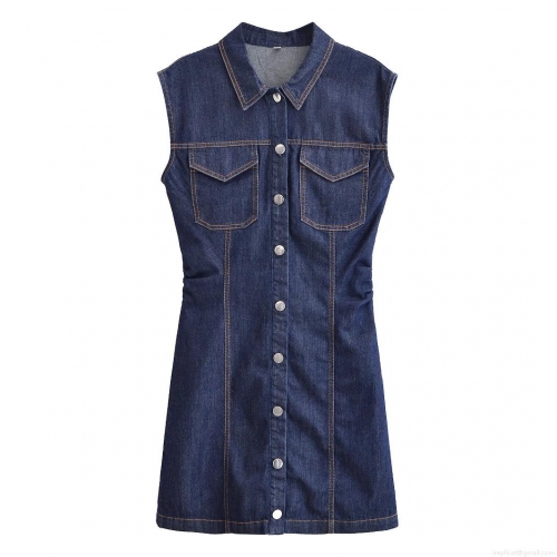 Women's Single Breasted Sleeveless Denim Dress Lapel Collar Contrast Stitching Mini Dress Summer Casual Streetwear Polyester Jean Dress for Women