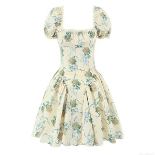 French Vintage Floral Print Mini Dress Women Cotton Blend Square Neck Lace Trim Puff Sleeve A-Line Short Dress Summer Casual Daily Vacation Dress