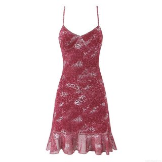 Women Sexy Leopard Print Cami Mini Dress Wine Red Polyester Spandex V-Neck Backless Ruffle Hem Bodycon Summer Dress For Party Clubwear Streetwear
