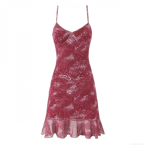 Women Sexy Leopard Print Cami Mini Dress Wine Red Polyester Spandex V-Neck Backless Ruffle Hem Bodycon Summer Dress For Party Clubwear Streetwear