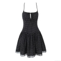 Women's Sexy Polka Dot Camisole Mini Dress With Lace Trim And Bowknot Summer Sleeveless Polyester Spandex Slim Fit Streetwear Party Dress For Ladies