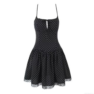 Women's Sexy Polka Dot Camisole Mini Dress With Lace Trim And Bowknot Summer Sleeveless Polyester Spandex Slim Fit Streetwear Party Dress For Ladies