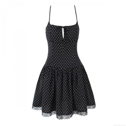 Women's Sexy Polka Dot Camisole Mini Dress With Lace Trim And Bowknot Summer Sleeveless Polyester Spandex Slim Fit Streetwear Party Dress For Ladies