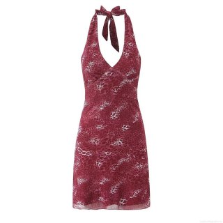 Sexy Red Leopard Print Halter Mini Dress Backless Deep V-Neck Bodycon Party Dress For Women Summer Streetwear Sleeveless Polyester Spandex Clubwear