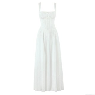 White Lace Spliced Maxi Dress Cotton Blend Smocked Back With Bow Tie Detail Retro Summer Street Style Vacation Dress For Women