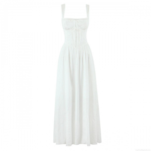 White Lace Spliced Maxi Dress Cotton Blend Smocked Back With Bow Tie Detail Retro Summer Street Style Vacation Dress For Women