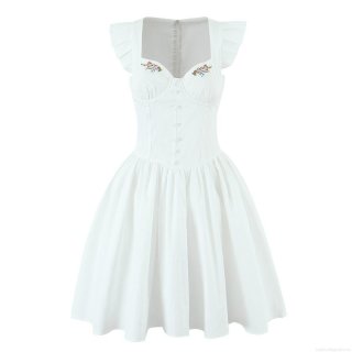 Women's French Pastoral White Floral Embroidery Mini Dress Square Neck Flutter Sleeve Cotton A-Line Summer Casual Streetwear Party Short Dress