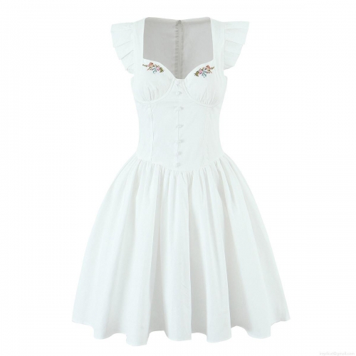 Women's French Pastoral White Floral Embroidery Mini Dress Square Neck Flutter Sleeve Cotton A-Line Summer Casual Streetwear Party Short Dress