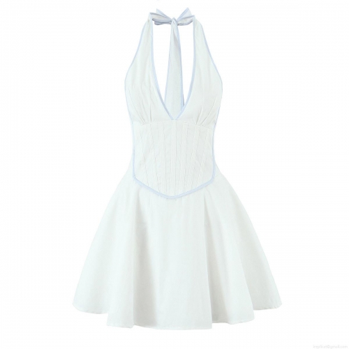 Women's Sexy Halter Neck White Mini Dress Sleeveless Backless Bow Tie Cotton Blend A-Line Summer Casual Beach Party Dress with Light Blue Contrast Trim