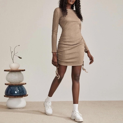 Women's Long Sleeve Knitted Mini Dress Round Neck Ribbed Knit Side Drawstring Ruched Slim Fit Bodycon Dress Casual Elegant Autumn Winter Outfit